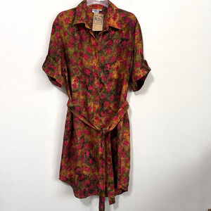 Go Fish Dress L Half Button Shirt‎ Belted Short Sleeve Floral Rayon Party NEW